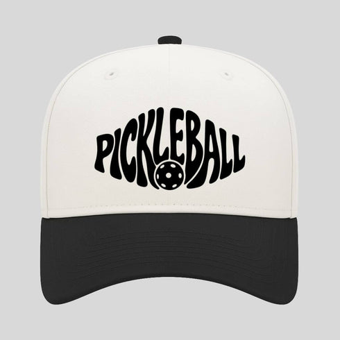 White and black cap with 'Pickleball' and pickleball ball design on a gray background